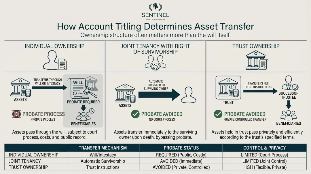 Three account titling structures showing transfer method and probate requirement comparison