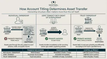 Three account titling structures showing transfer method and probate requirement comparison