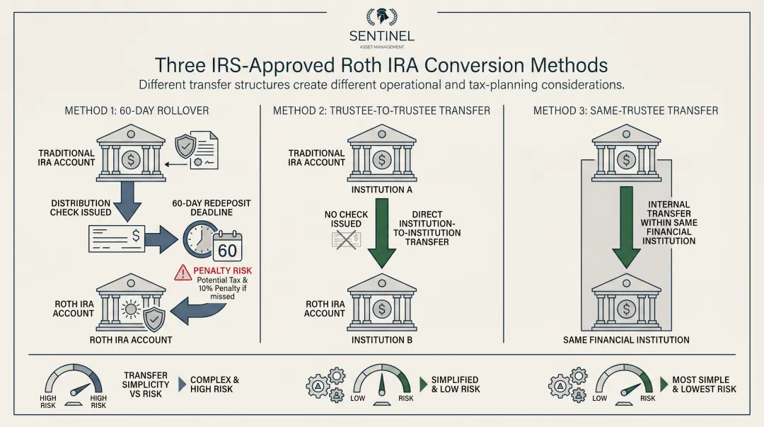 Three IRS-approved Roth IRA conversion methods process flow diagram