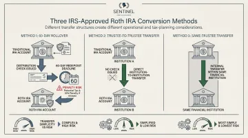 Three IRS-approved Roth IRA conversion methods process flow diagram