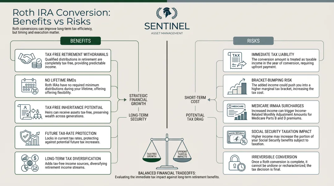 Roth IRA conversion pros versus cons side-by-side comparison infographic