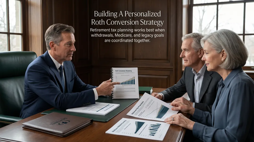 Financial advisor presenting personalized retirement income plan to client couple