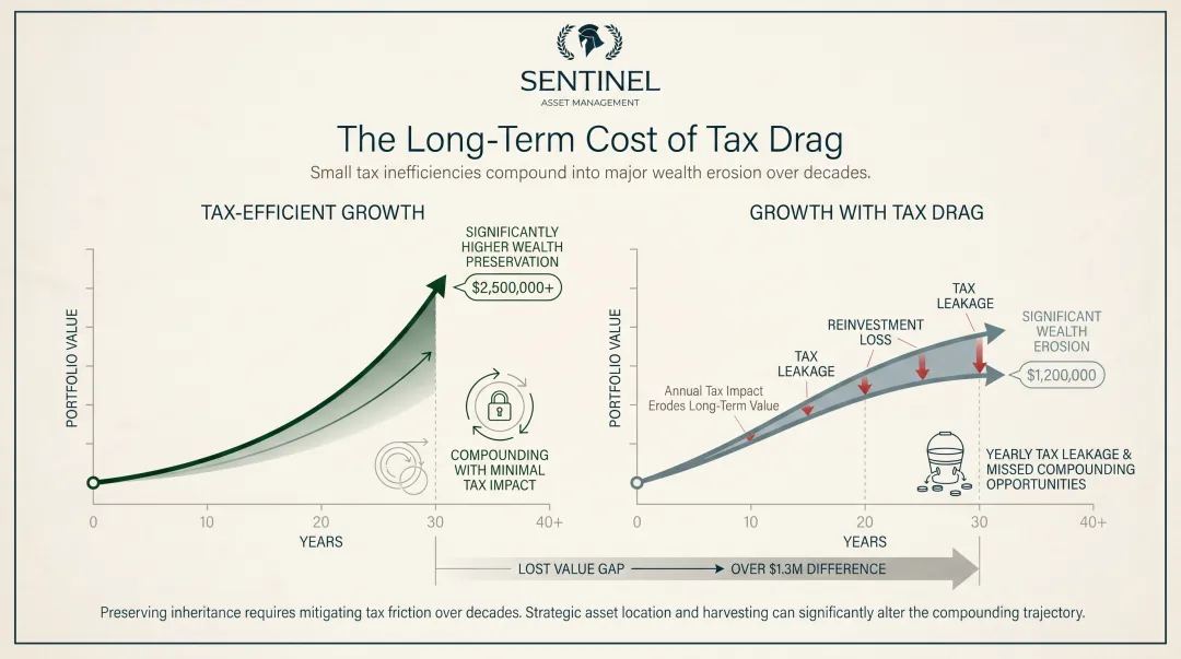 Tax compounding drag versus tax-efficient growth over 30-year wealth horizon