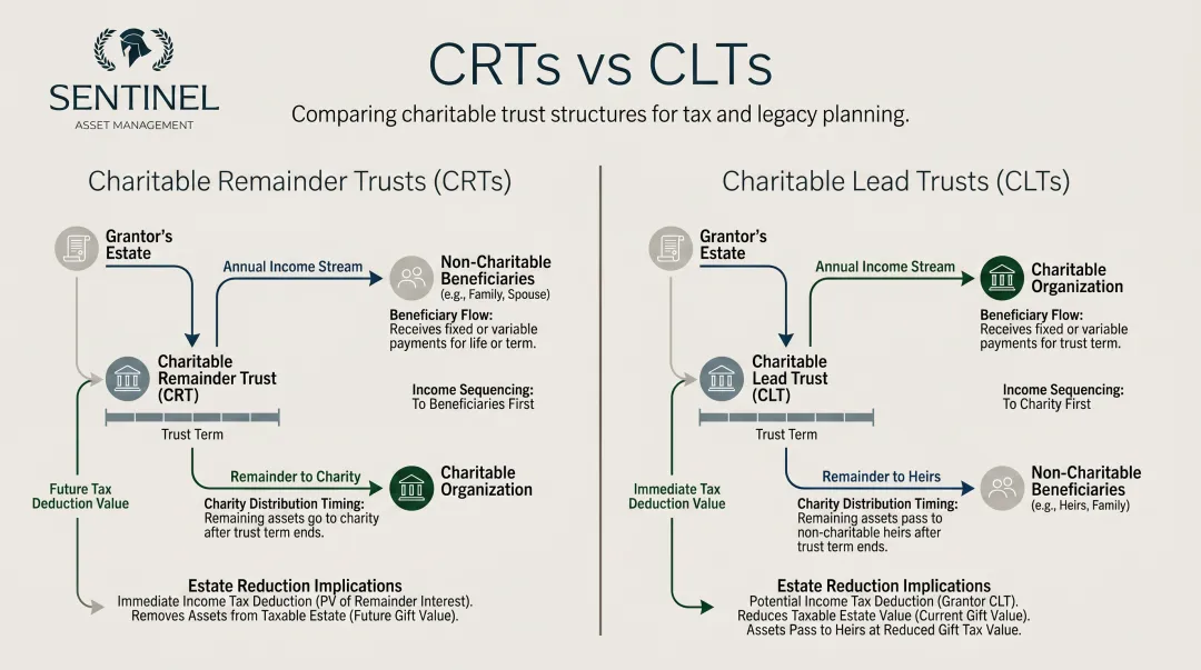 Charitable remainder trust versus charitable lead trust structure and beneficiary flow comparison