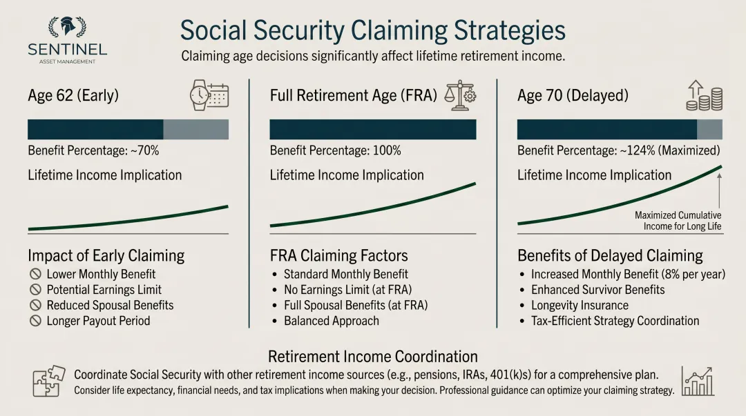 Social Security claiming age comparison showing benefit percentages at 62 67 and 70