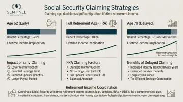 Social Security claiming age comparison showing benefit percentages at 62 67 and 70