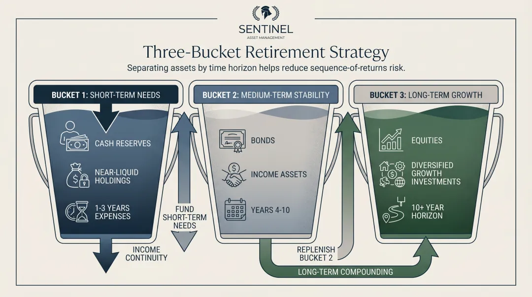 Three-bucket retirement withdrawal strategy dividing assets by time horizon