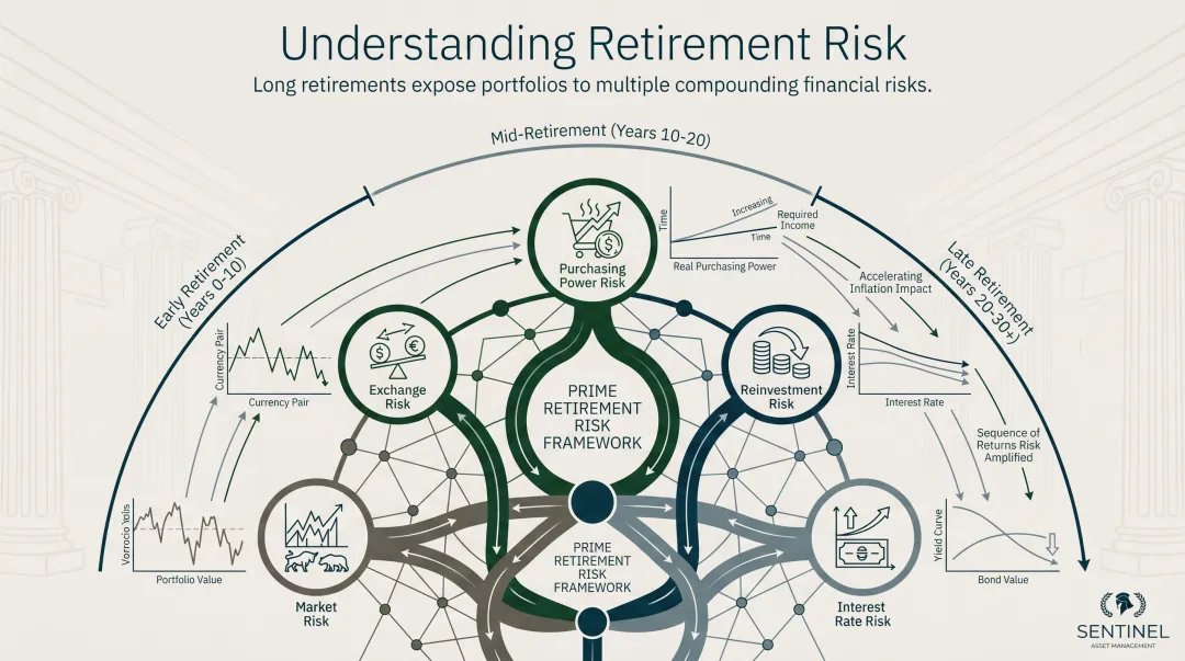 Five PRIME retirement risks framework purchasing power reinvestment interest market exchange