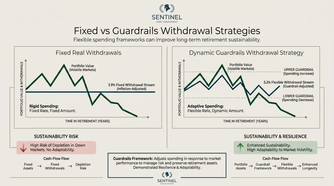 Fixed versus guardrails retirement withdrawal rate strategy comparison side-by-side infographic