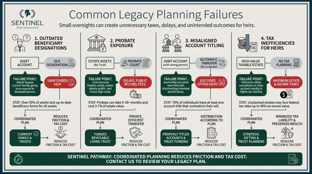 Four common legacy plan failure points with statistics and consequences infographic