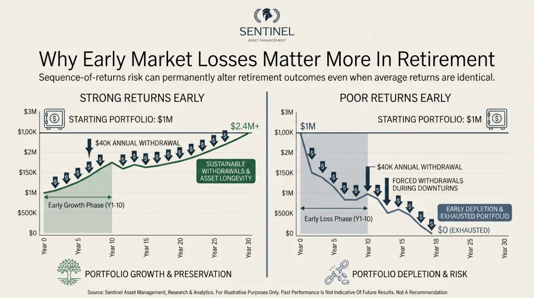 Sequence-of-returns risk comparison two retirees same portfolio different outcomes chart