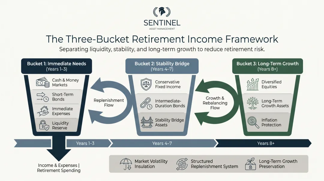 Three-bucket retirement income strategy timeline from cash to growth assets