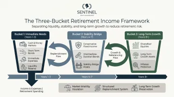 Three-bucket retirement income strategy timeline from cash to growth assets