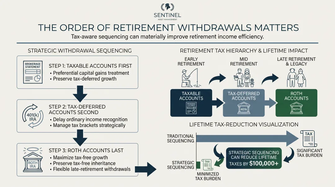 Three-step retirement account withdrawal sequencing order taxable to Roth accounts