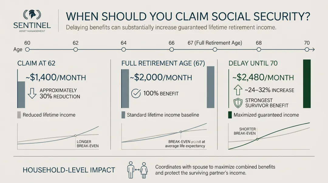 Social Security claiming age comparison at 62 full retirement age and 70 monthly benefit amounts