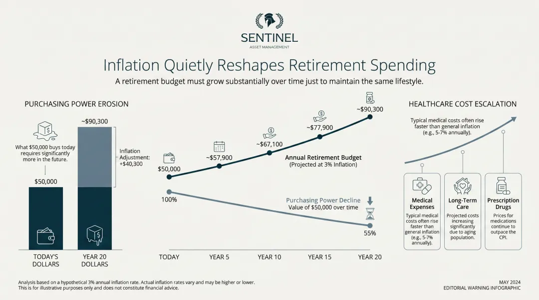 Inflation purchasing power erosion showing retirement budget doubling requirement over 20 years