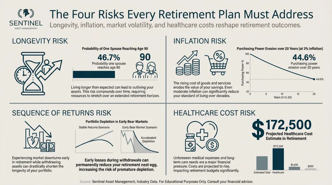 Four critical retirement financial risks longevity inflation sequence healthcare cost breakdown