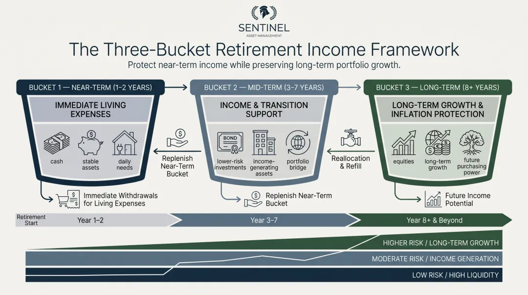 Three-bucket retirement income strategy short mid long-term asset allocation flow