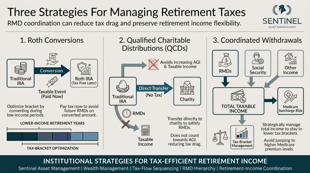 Three RMD tax management strategies Roth conversion QCD coordinated withdrawal comparison