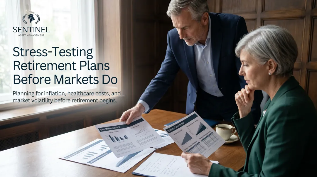 Financial advisor reviewing retirement stress-test scenario analysis with client dashboard