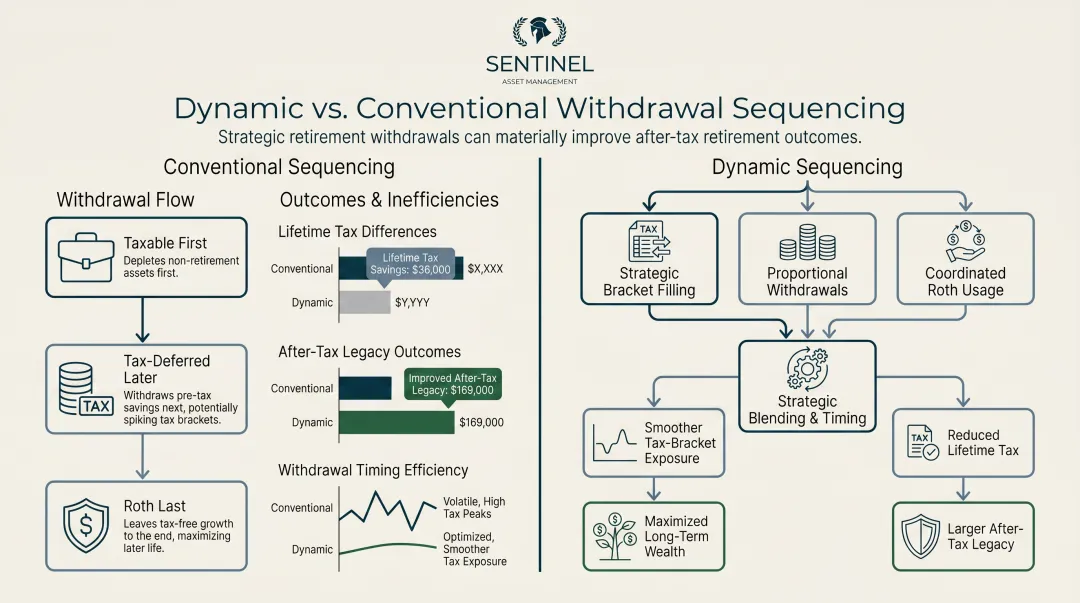 Dynamic versus conventional retirement withdrawal sequencing lifetime tax savings comparison infographic