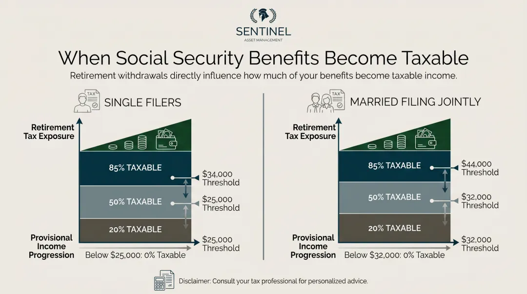 Social Security provisional income taxation thresholds for single and married filers chart