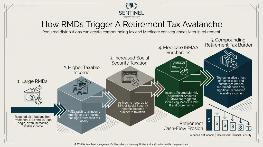 Retirement tax avalanche effect showing RMD Social Security and IRMAA compounding chain reaction