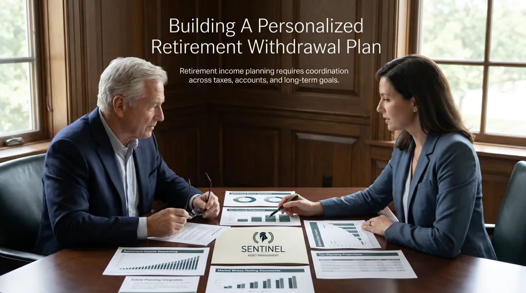 Financial advisor reviewing personalized retirement withdrawal plan with client using portfolio charts