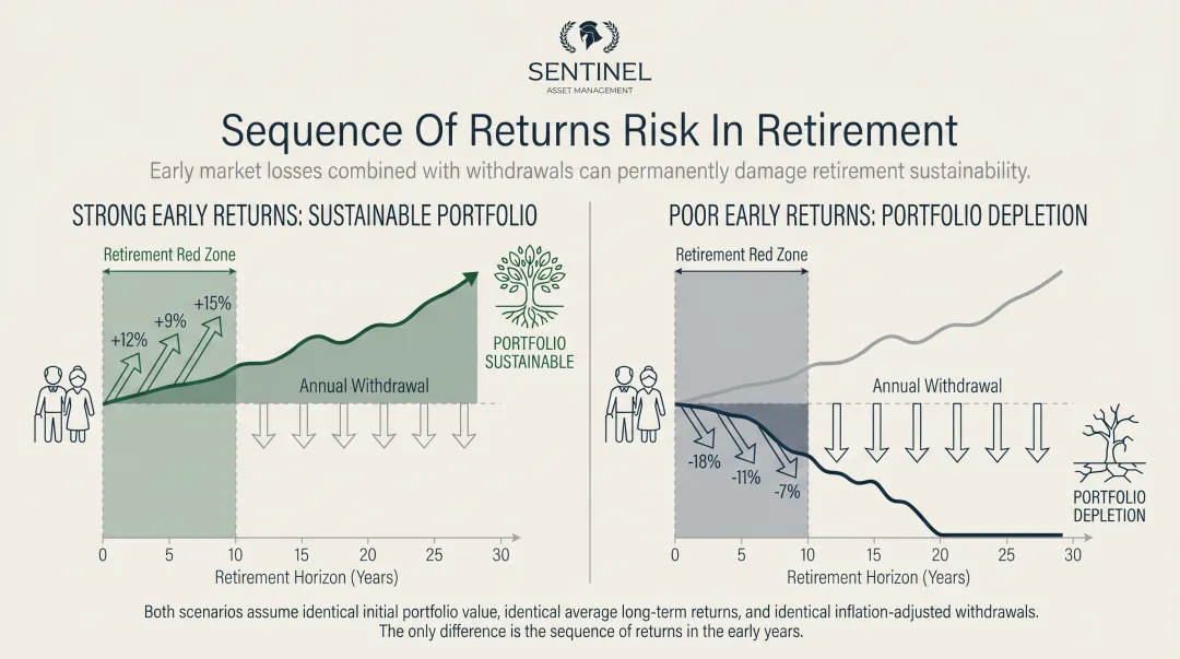 Sequence of returns risk impact comparison two retirees identical portfolios different outcomes
