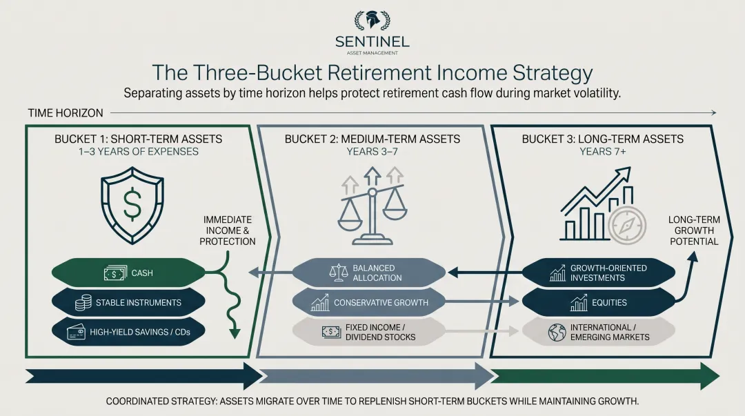 Three-bucket retirement income strategy short medium long term asset allocation