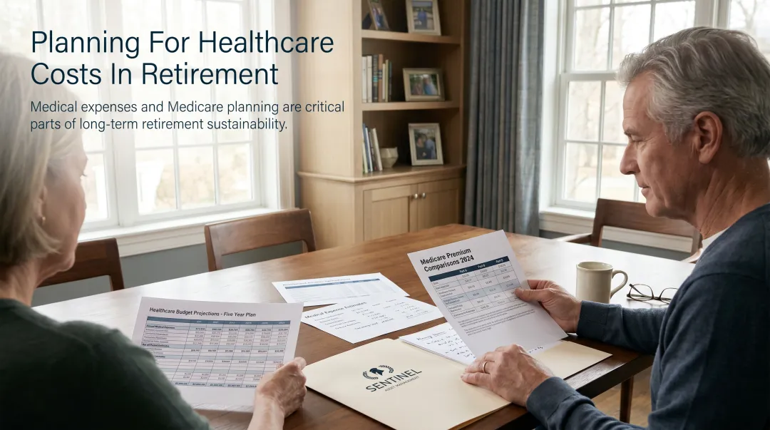 Retired couple reviewing healthcare costs and Medicare premium options with financial documents
