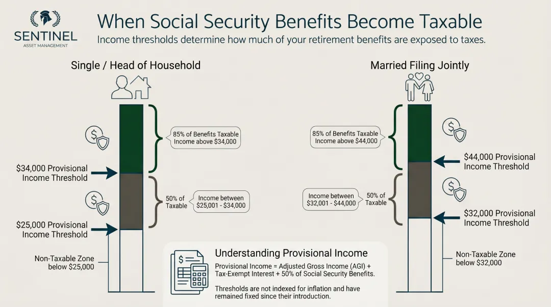 Social Security provisional income taxation thresholds for single and married filers chart