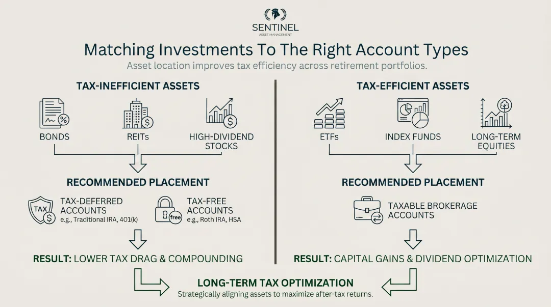 Asset location strategy matching tax-inefficient and tax-efficient investments to optimal account types