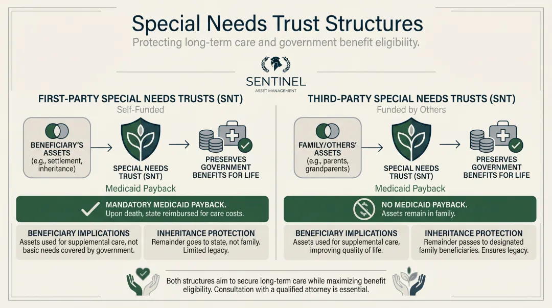 First-party versus third-party special needs trust comparison highlighting Medicaid payback rules