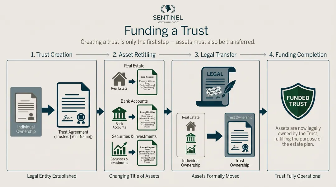 Trust funding process flow showing asset retitling steps from creation to legal transfer