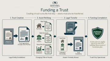 Trust funding process flow showing asset retitling steps from creation to legal transfer