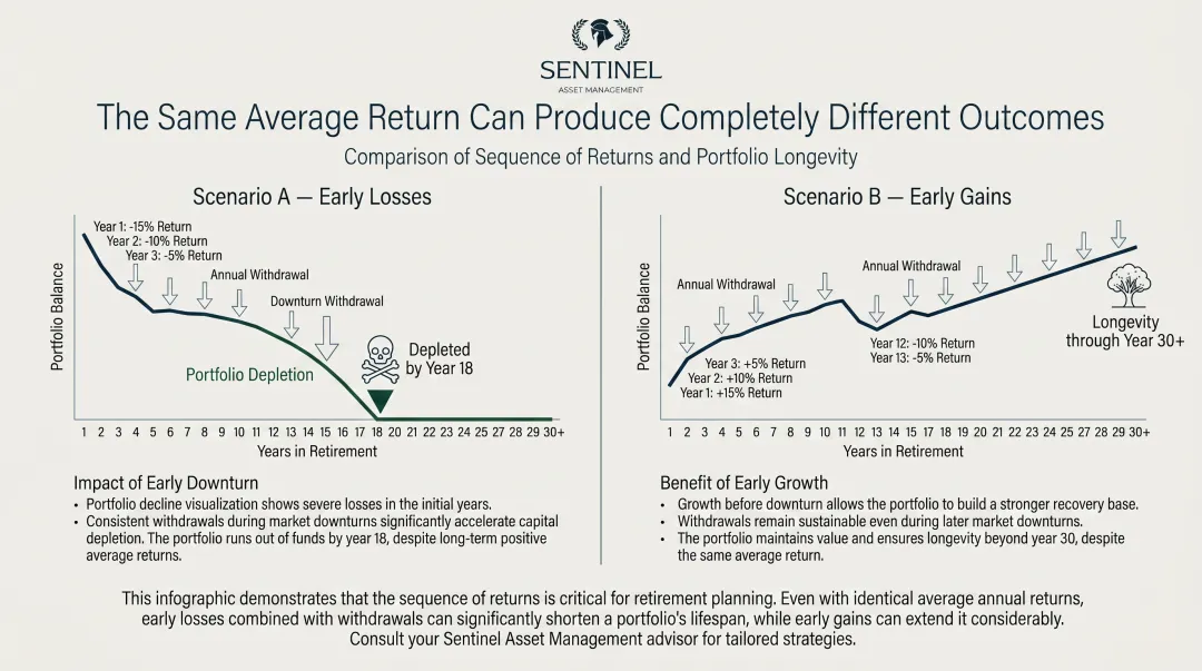 Two retirement portfolio scenarios comparing early losses versus early gains outcomes
