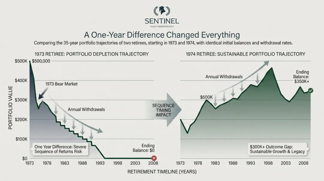 1973 versus 1974 retiree portfolio balance comparison over 35-year retirement period