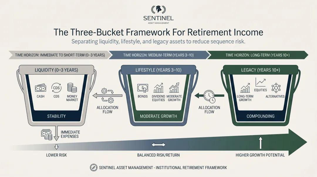 Three-bucket retirement strategy showing liquidity lifestyle and legacy allocation framework