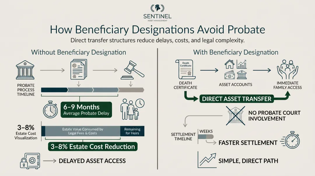 Probate process versus beneficiary designation speed and cost comparison infographic