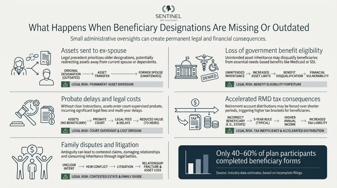 Five costly consequences of missing or outdated beneficiary designations warning infographic