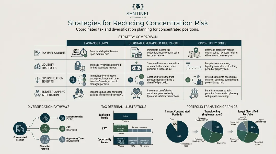 Three concentration risk reduction strategies exchange funds CRTs and opportunity zones comparison