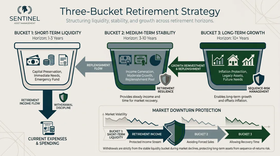 Three-bucket retirement withdrawal strategy short medium and long-term portfolio allocation