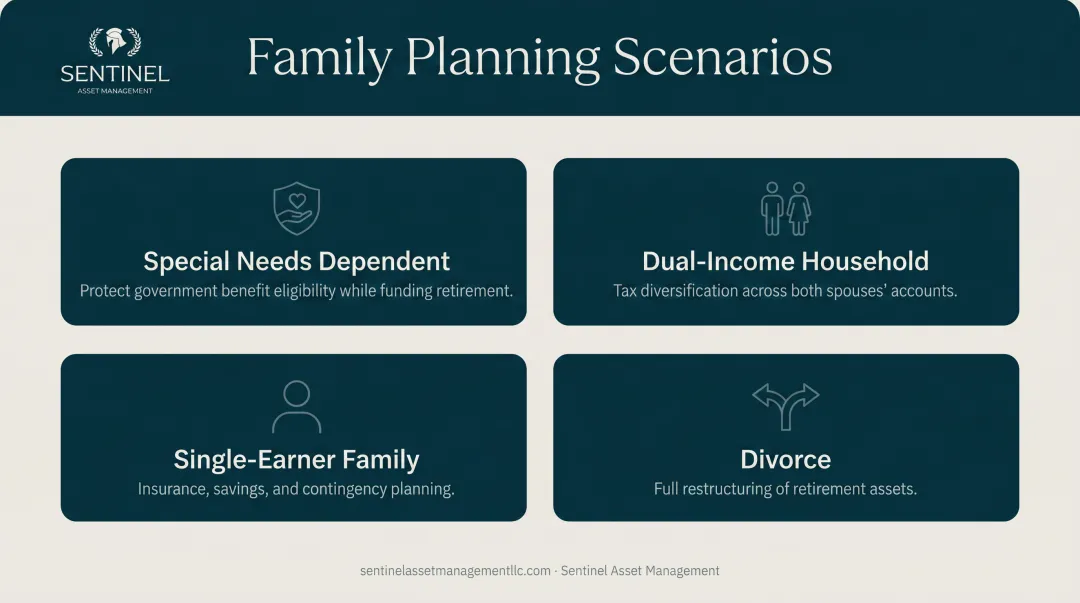 Four family structures requiring distinct retirement planning approaches comparison infographic
