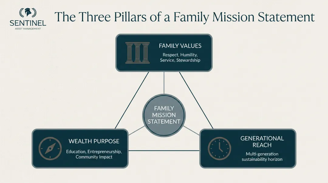 Three-component family mission statement framework for generational legacy planning