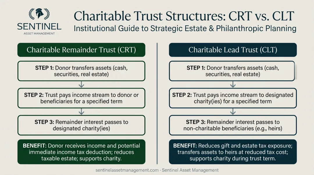 Charitable remainder trust versus charitable lead trust structure comparison infographic