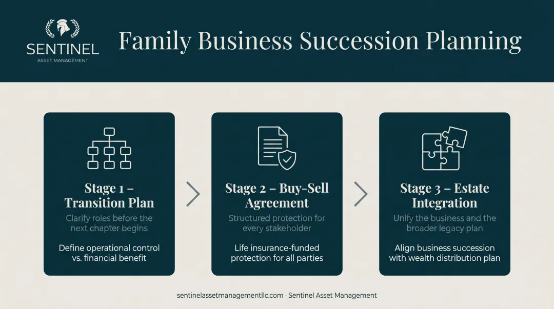 Family business succession planning three-step process flow diagram