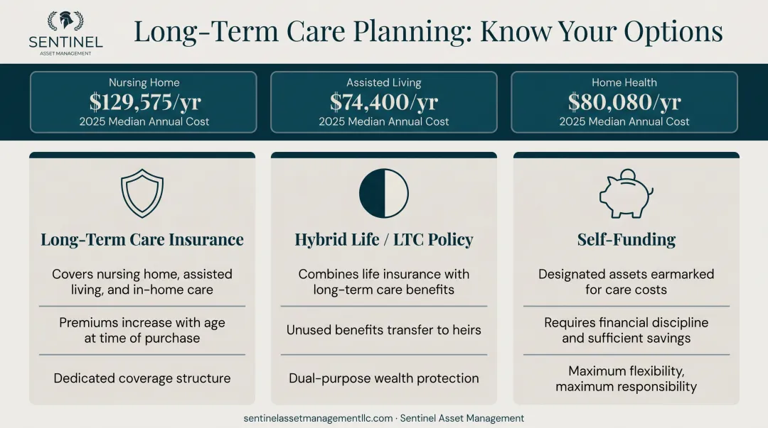 Long-term care planning options comparison including insurance hybrid and self-funding strategies