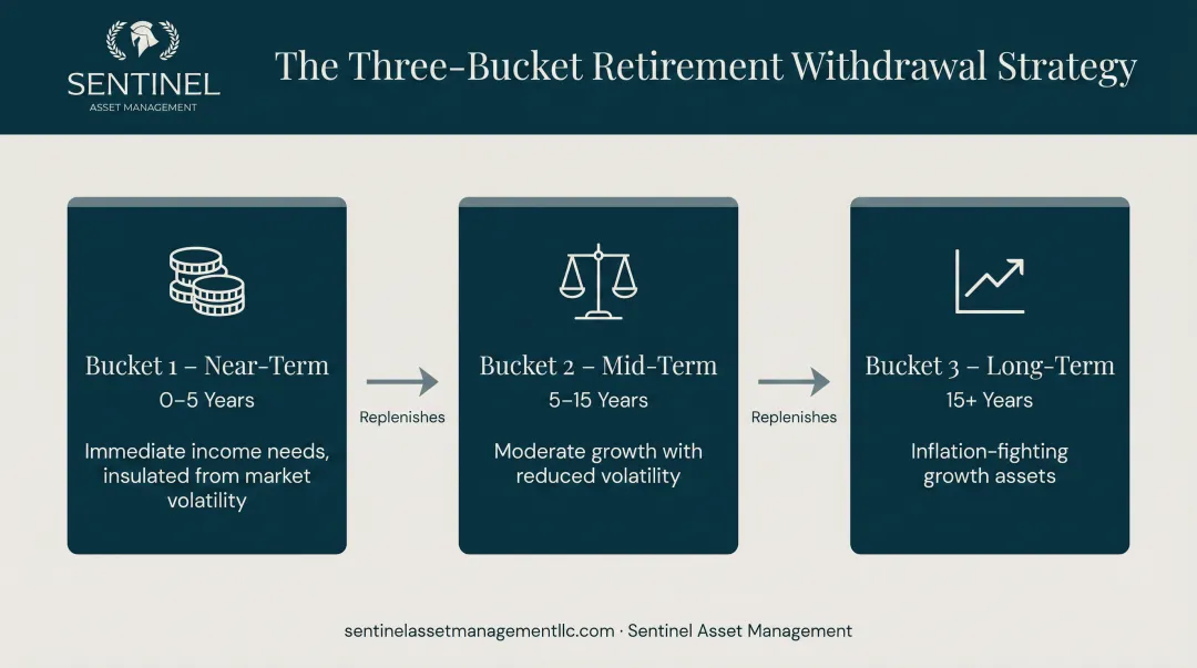 Three-bucket retirement withdrawal strategy segmented by near mid and long-term time horizons