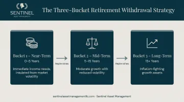 Three-bucket retirement withdrawal strategy segmented by near mid and long-term time horizons